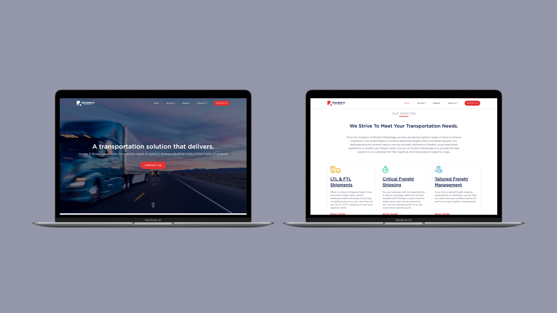 Two laptop screens showing the Double R homepage hero and its services section.