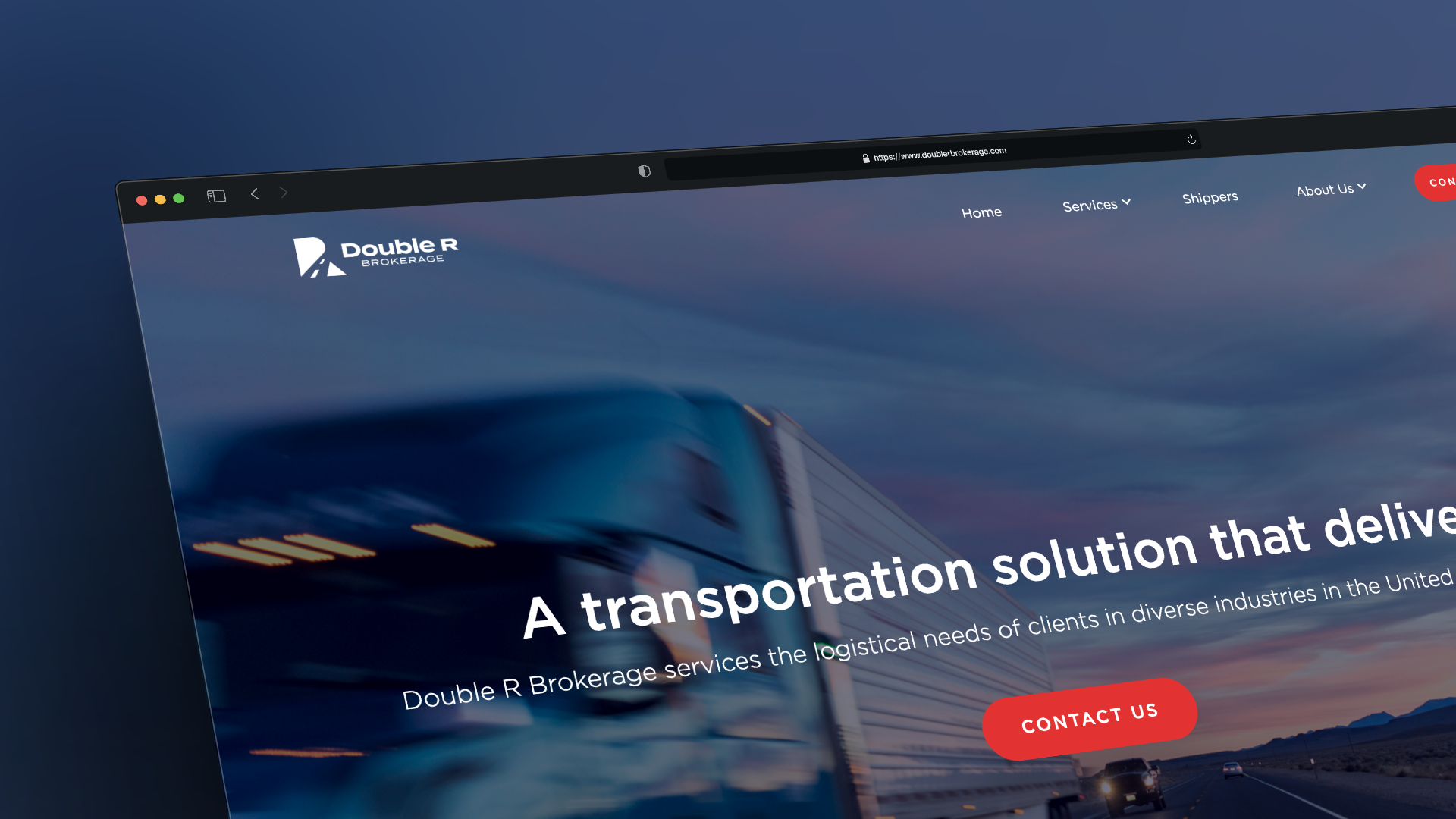 Double R Brokerage homepage hero: a truck on a highway at dusk with the headline A transportation solution that delivers and a Contact Us button.