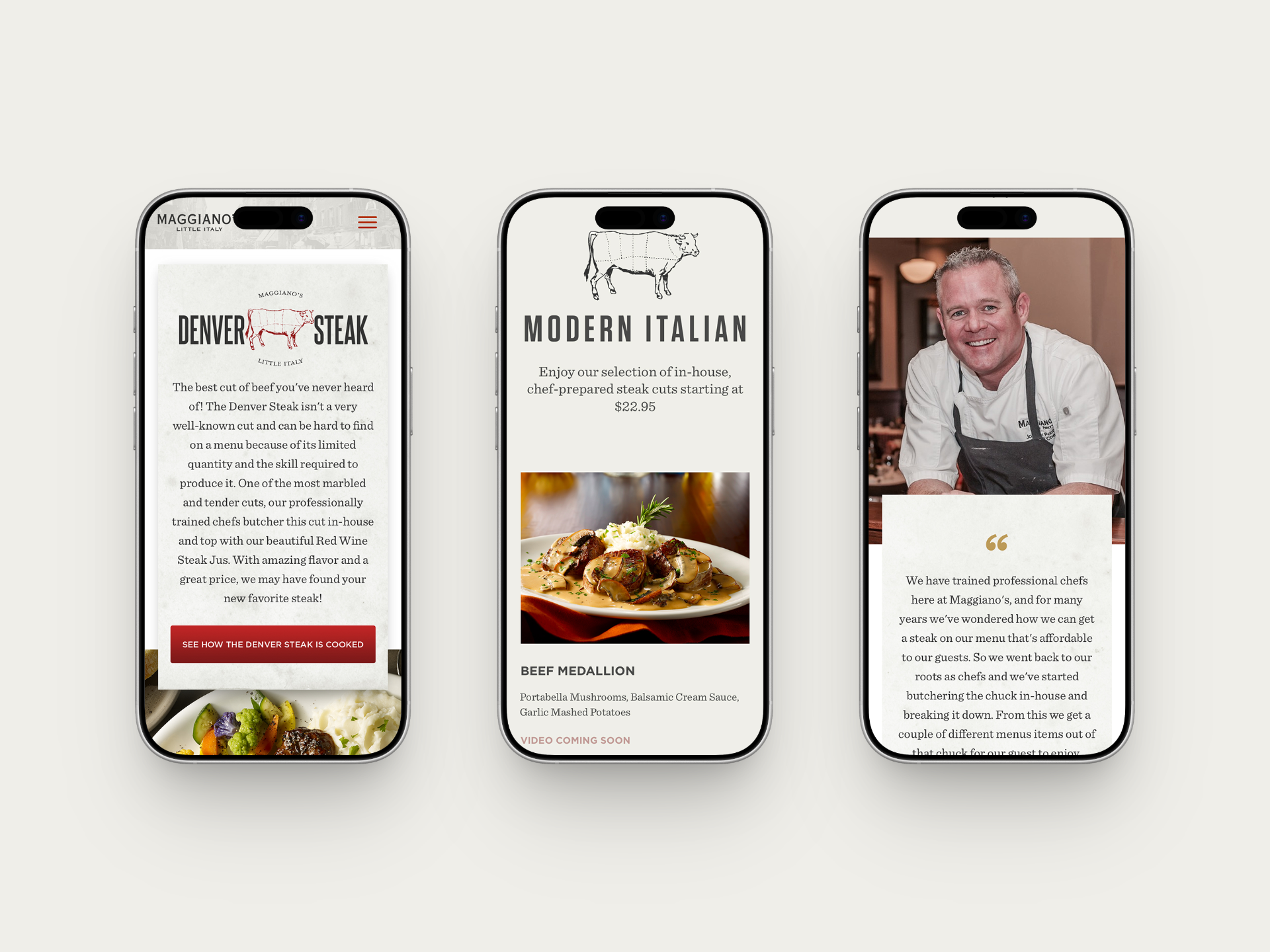Mobile versions of the hero, steak menu, and chef testimonial, each in a single column.