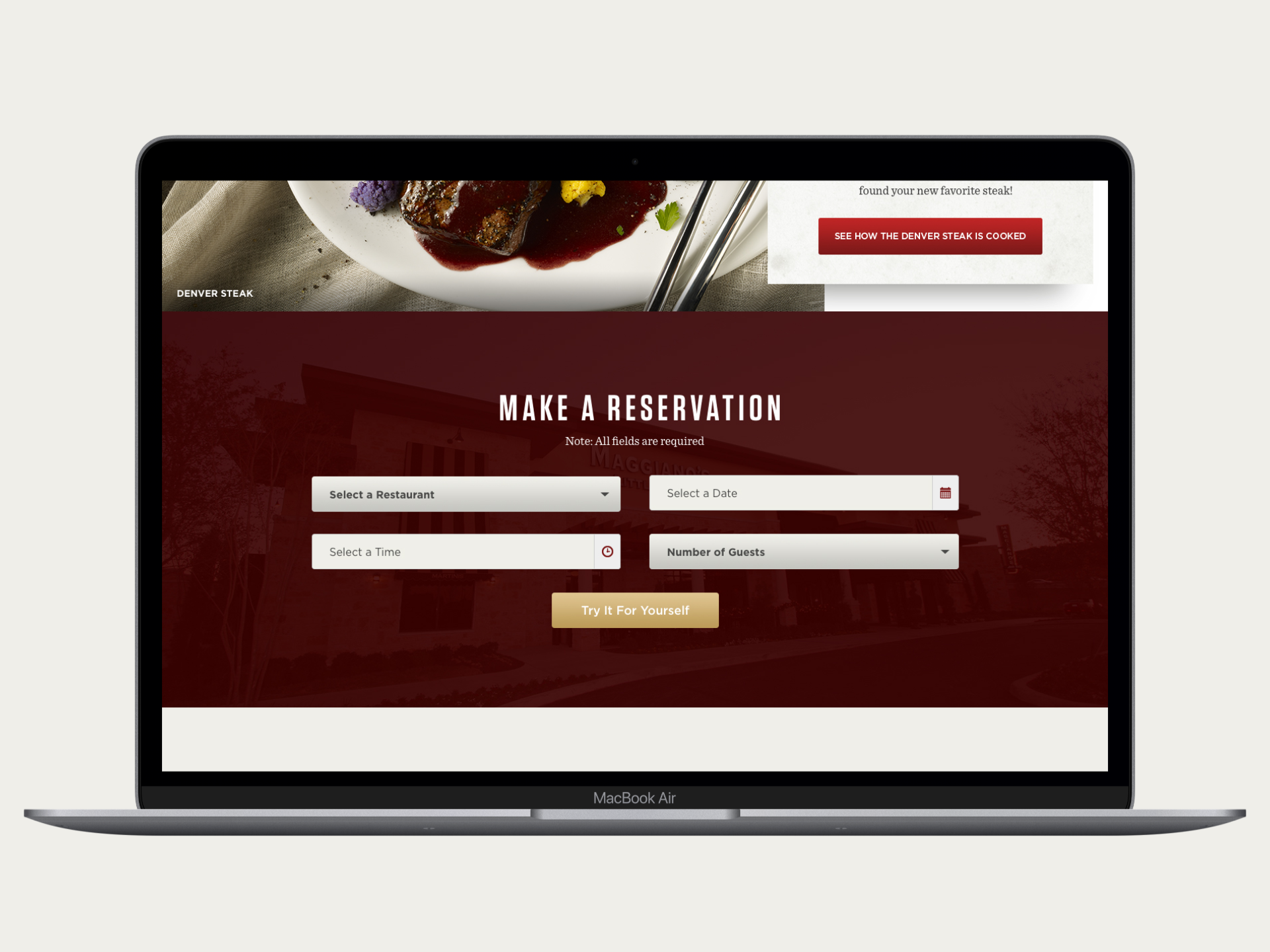 Desktop reservation form asking for restaurant, date, time, and number of guests.