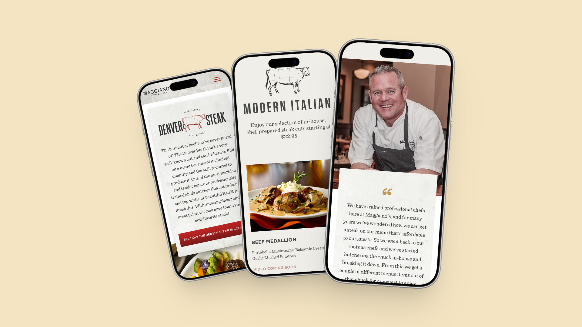 Three phone screens of the Maggiano's steak promotion: the Denver Steak hero, the Modern Italian steak menu, and a chef testimonial.