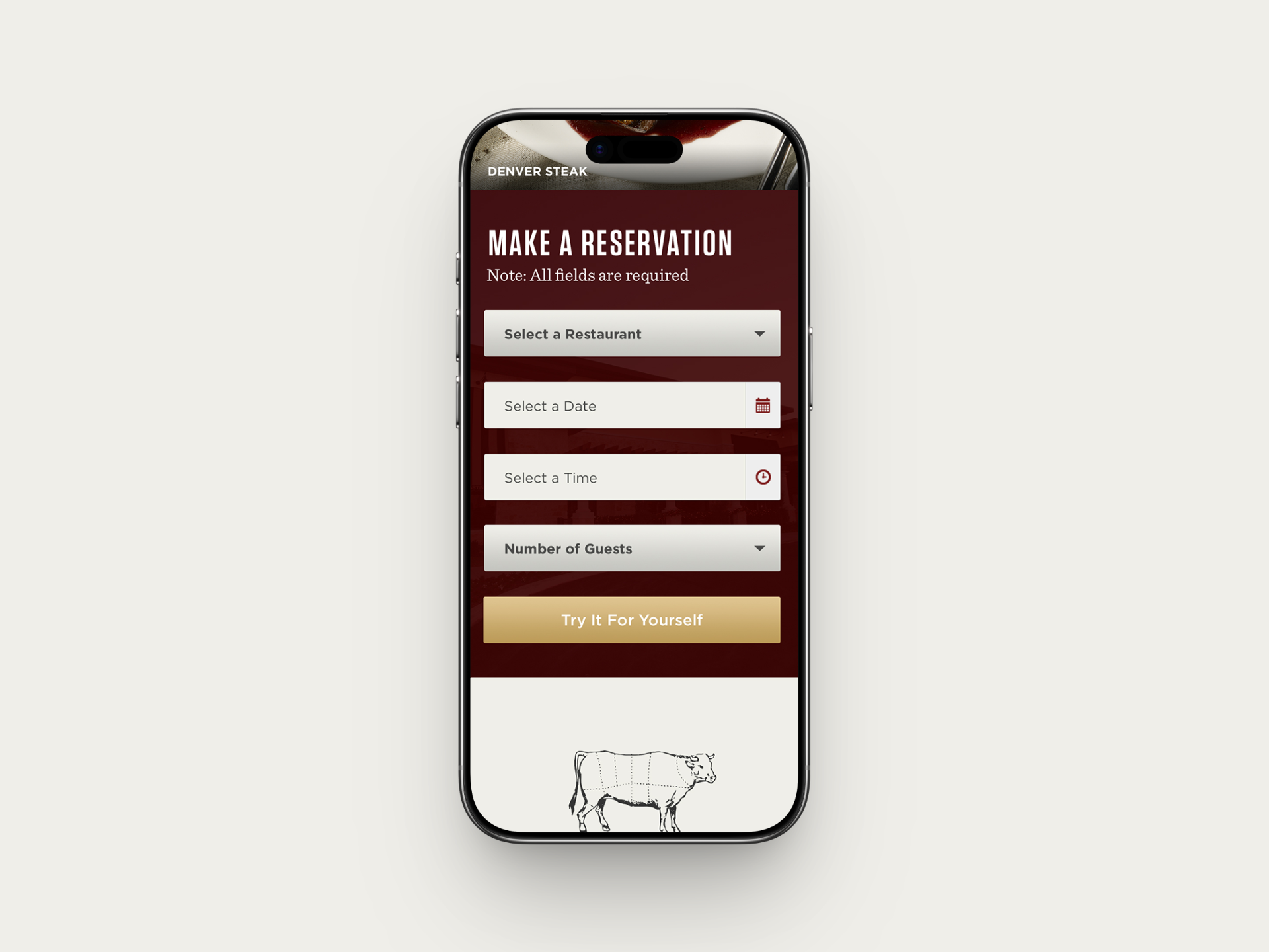 Mobile reservation form with restaurant, date, time, and number of guests stacked in one column.
