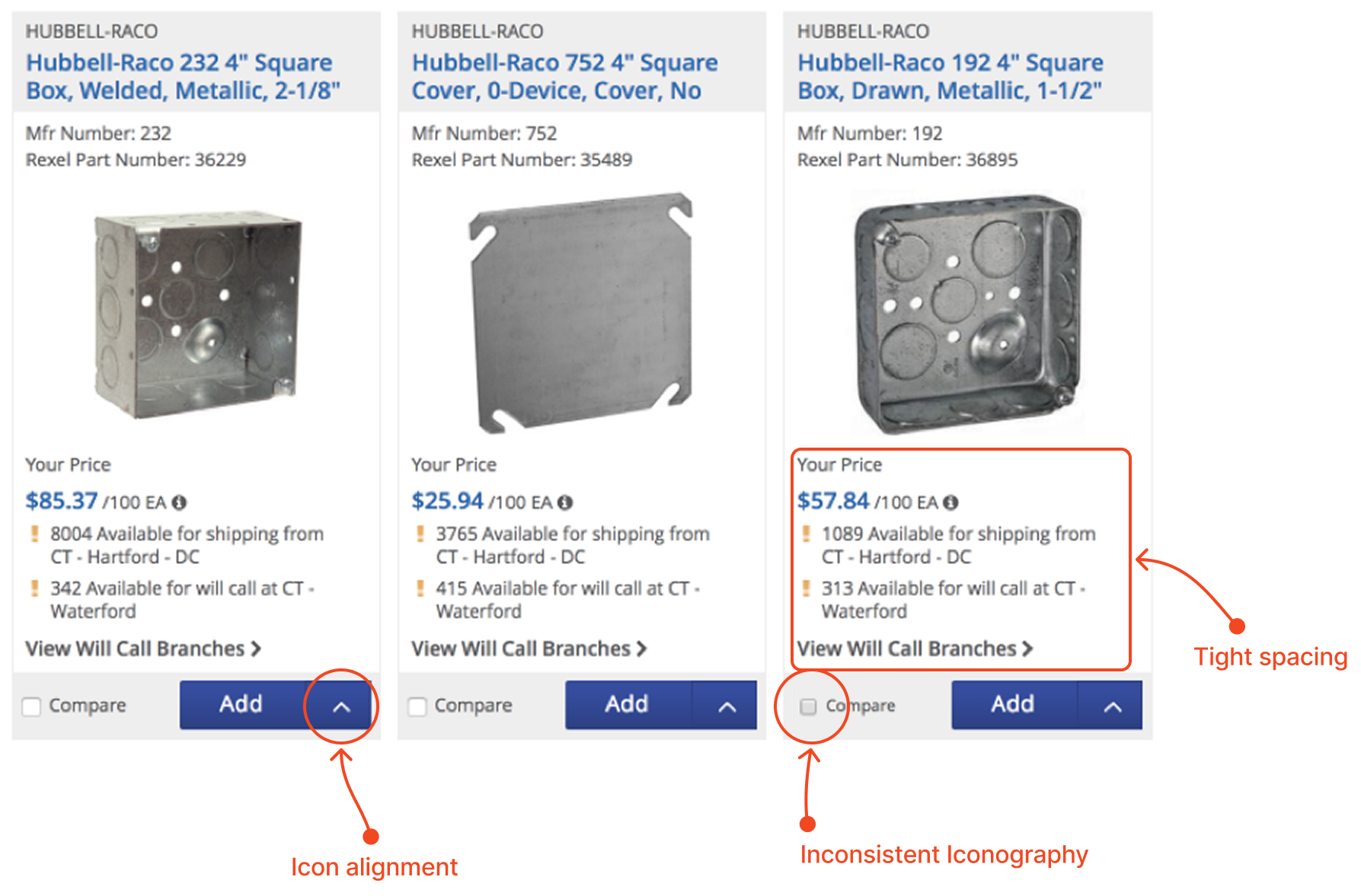Audit of three product cards from the original Rexel site, annotated to show icon misalignment, inconsistent iconography, and tight spacing.