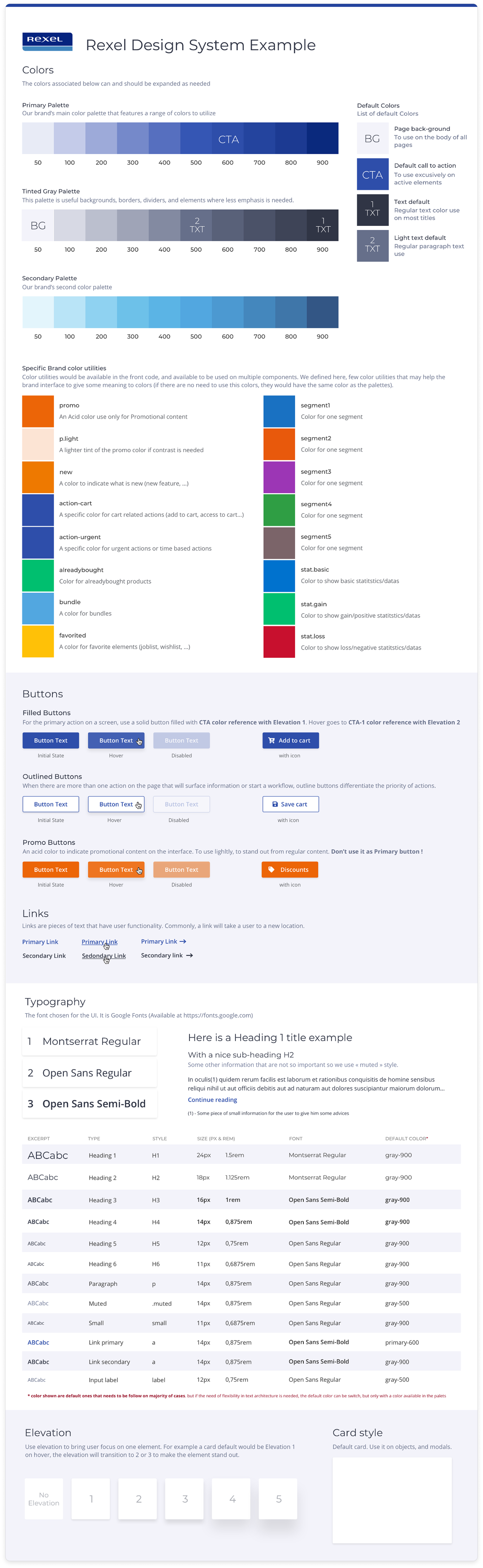 Page from the Rexel UI kit documenting color scales, buttons, form controls, and tables.