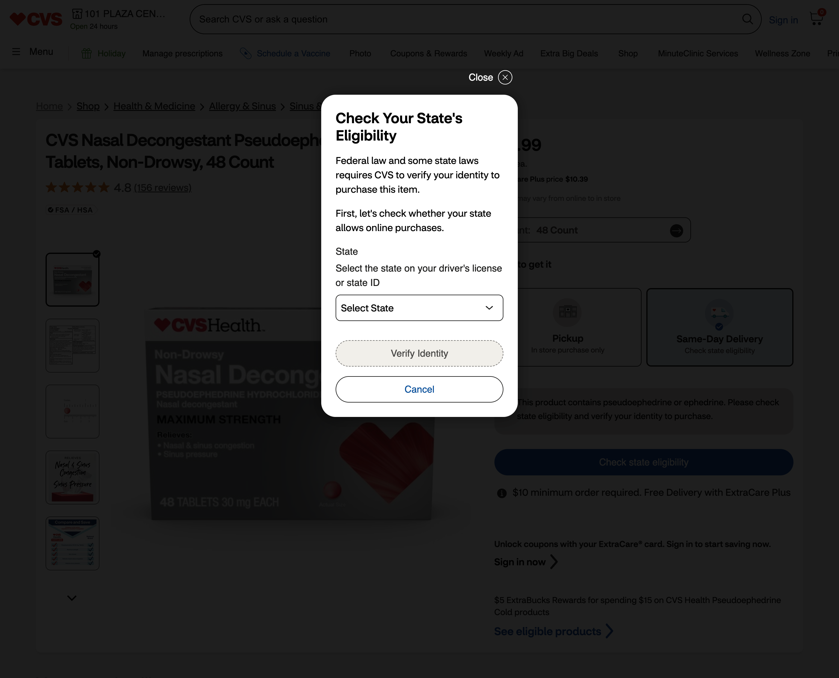 Check Your State's Eligibility dialog asking the customer to select their state before verifying their identity.