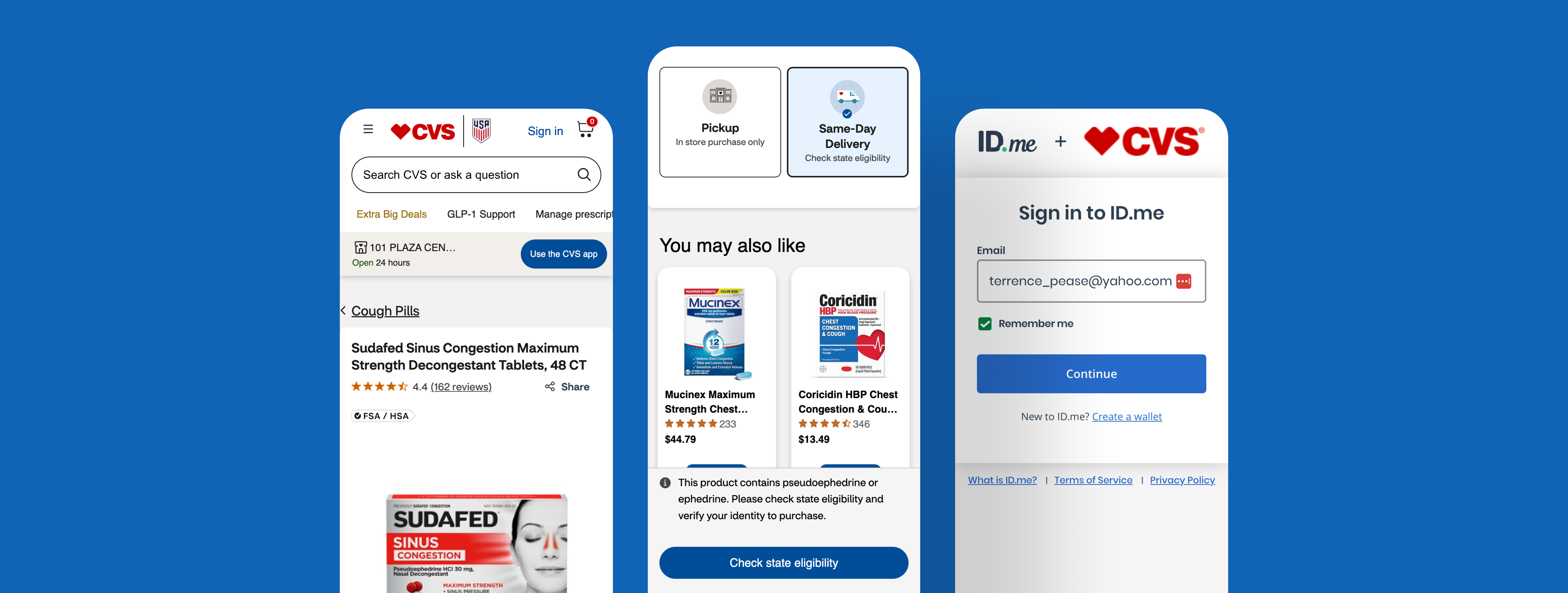 Three phone screens from the CVS regulated-product flow: the product page, delivery and eligibility options, and the co-branded ID.me sign-in.