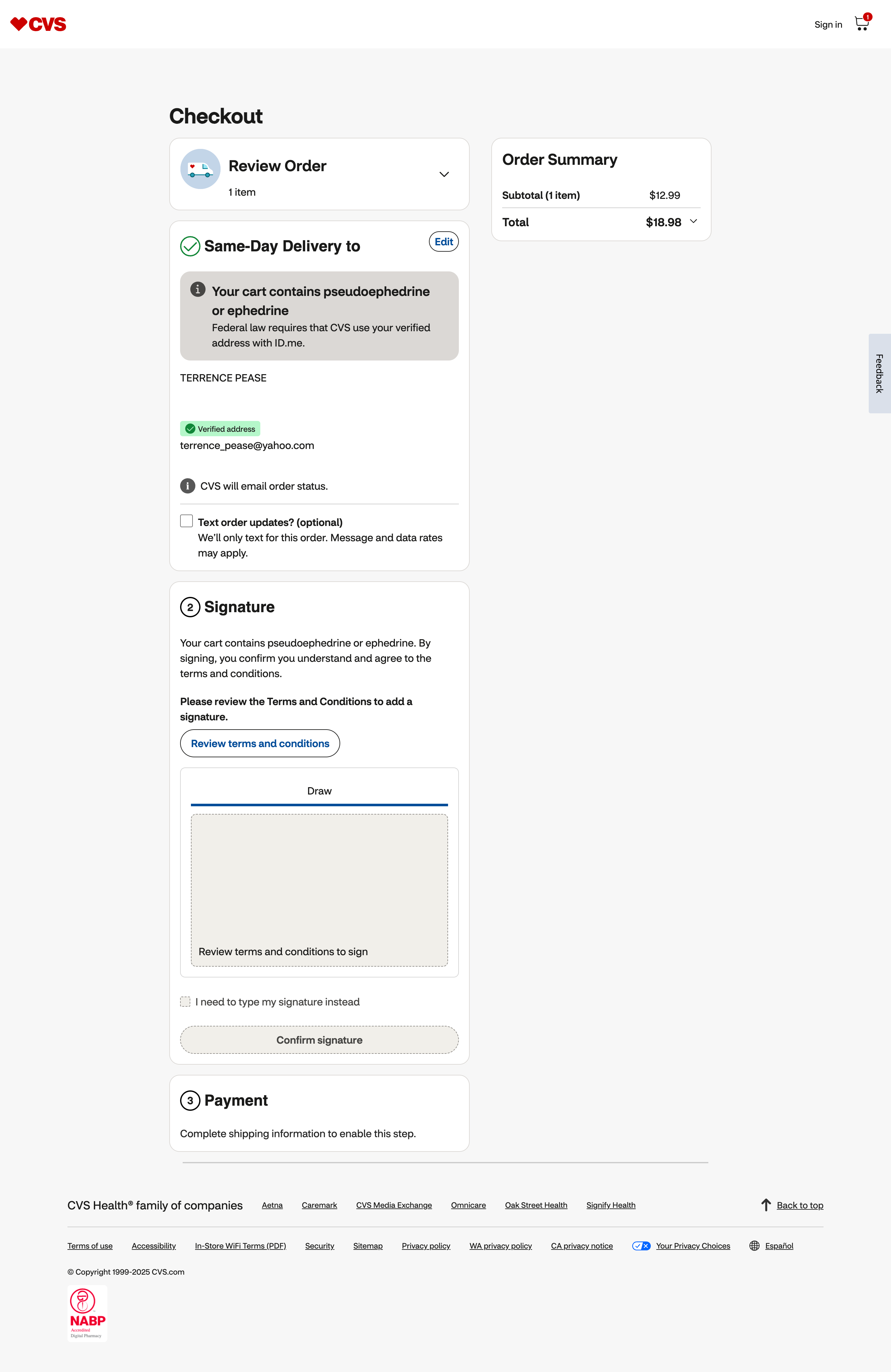 CVS checkout page with same-day delivery, a signature section for regulated items, and the order summary.