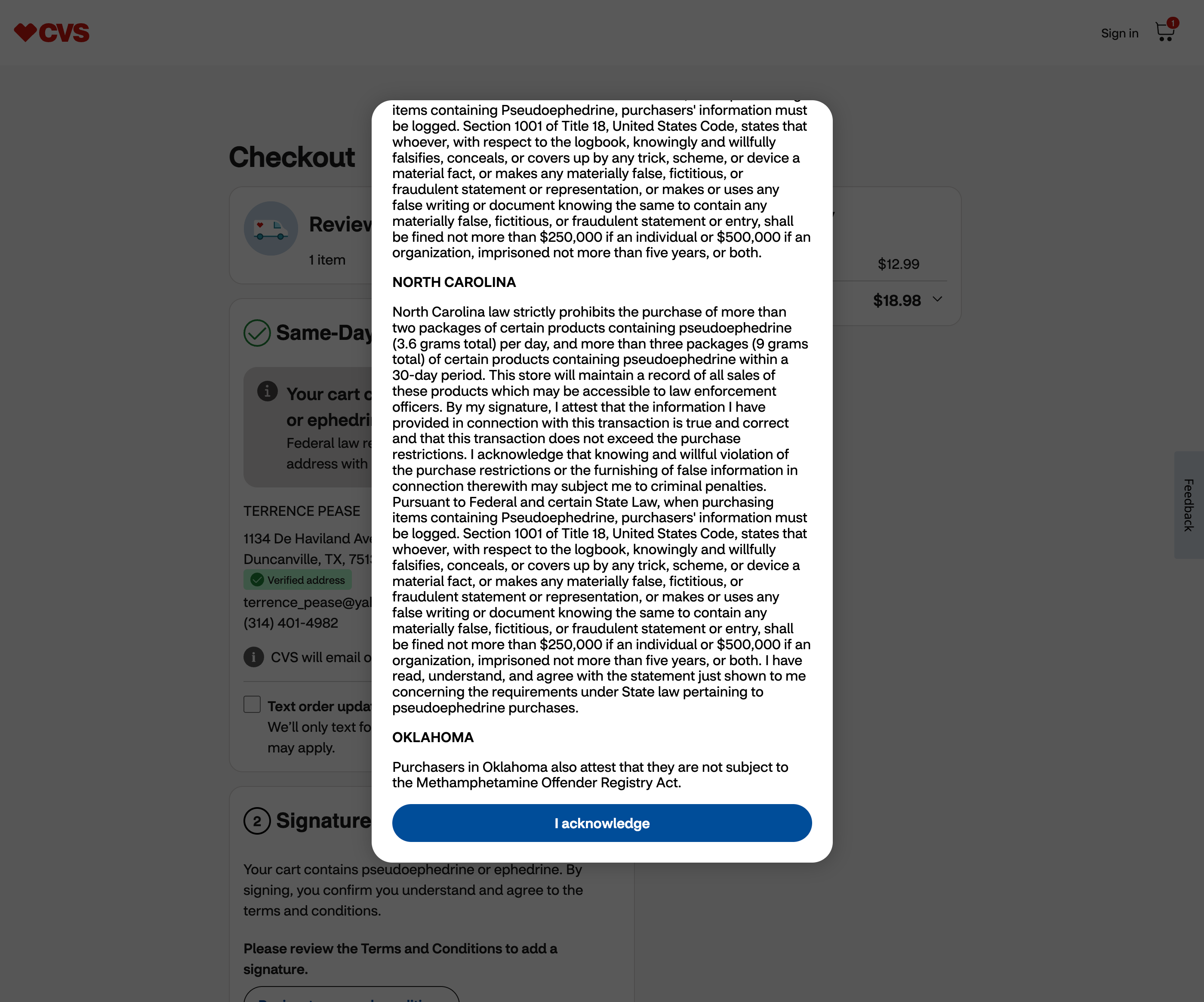 Dialog showing state-by-state legal terms for pseudoephedrine purchases, which the customer must acknowledge before signing.