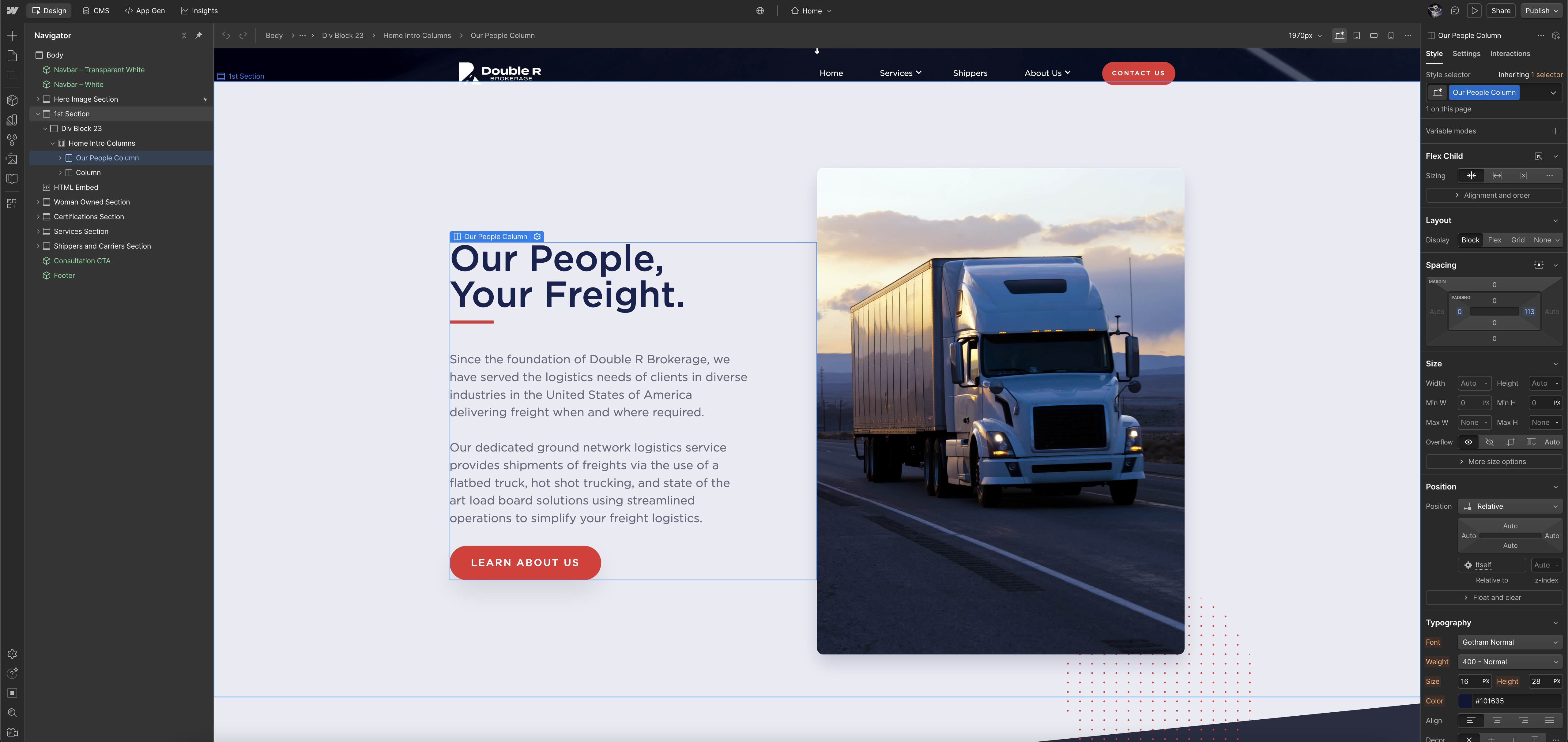 The Double R site being built in the Webflow Designer, showing the Our People, Your Freight section.