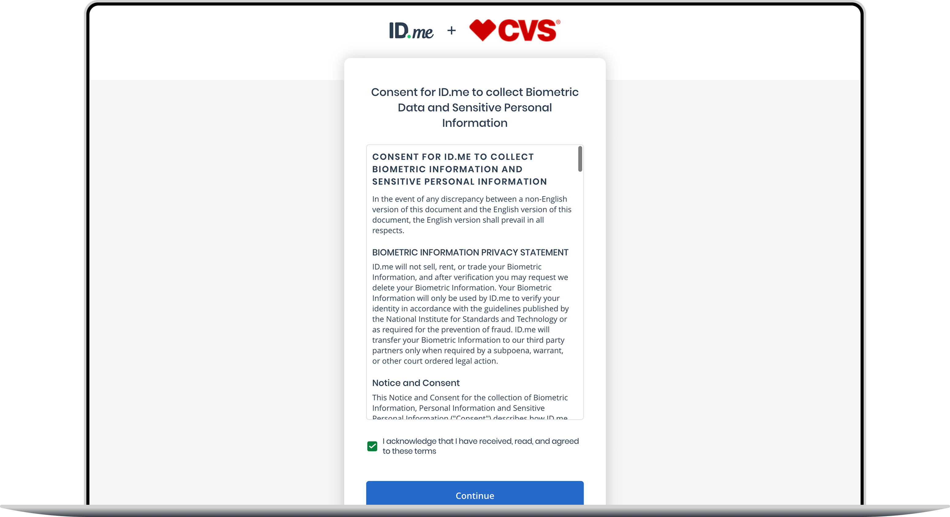 Co-branded consent screen for ID.me to collect biometric and sensitive personal information.