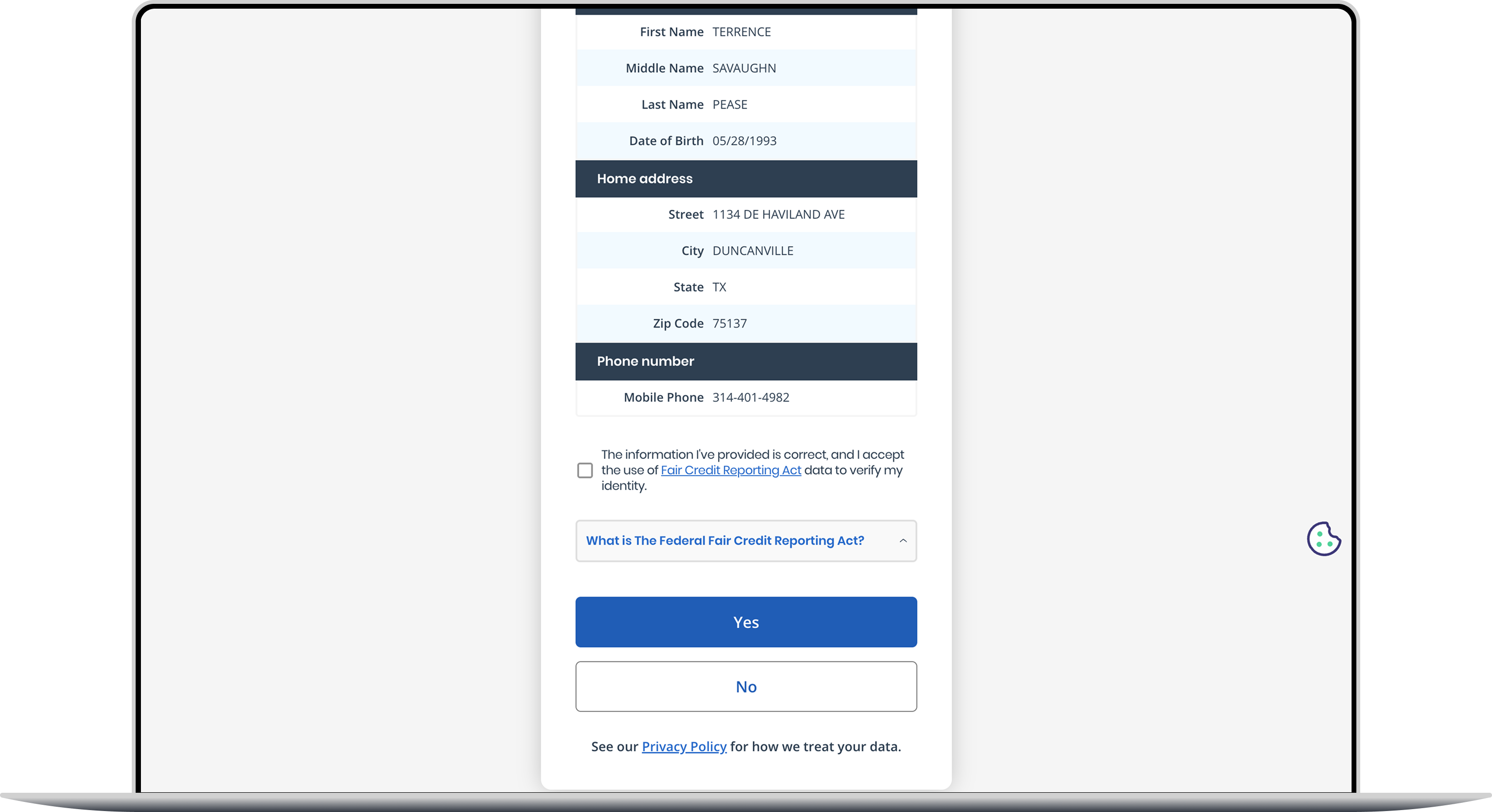 Rest of the confirmation step, with phone number and a yes or no prompt to confirm the details are correct.