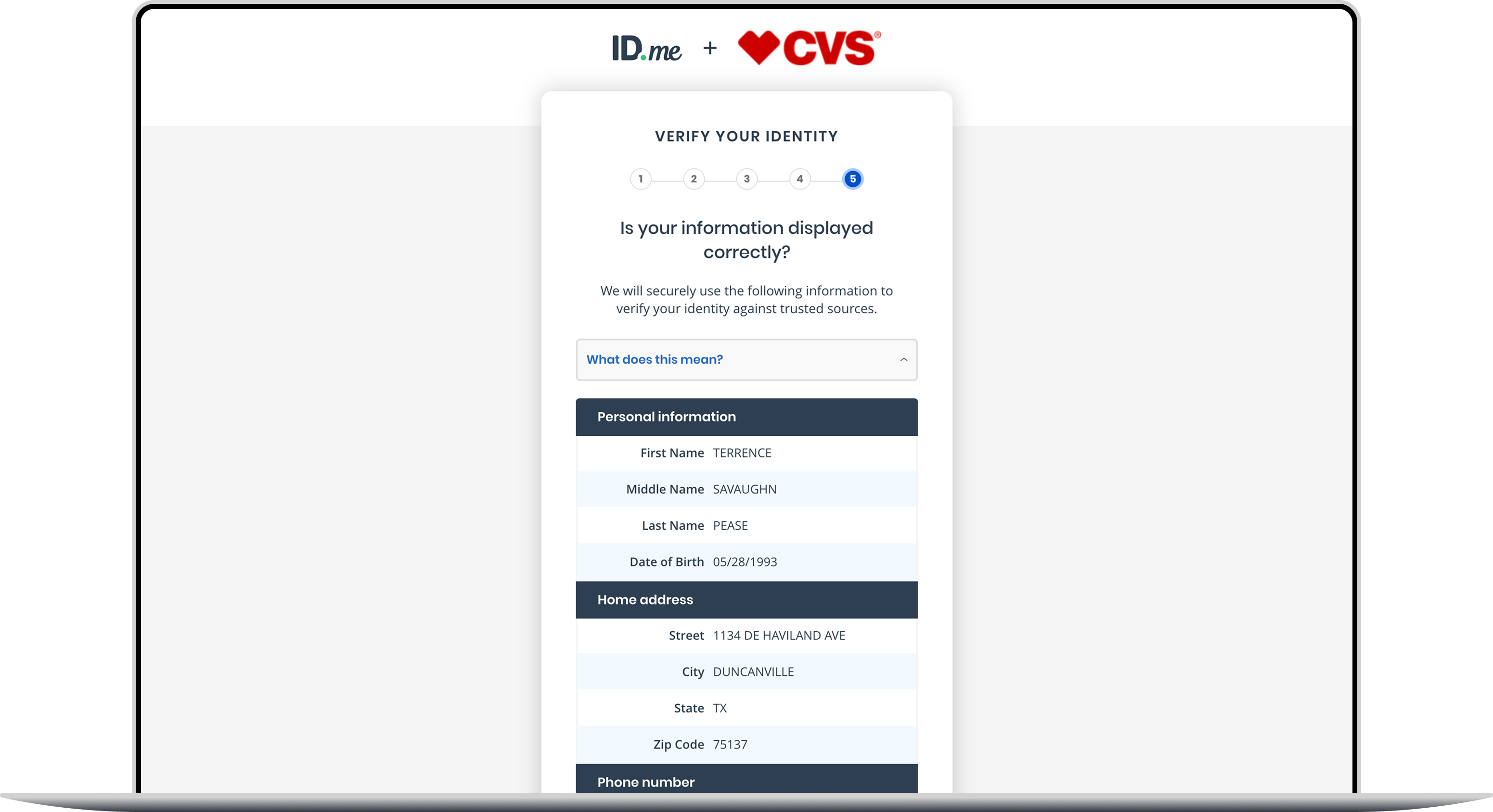 Verification step asking the customer to confirm their personal information and home address.