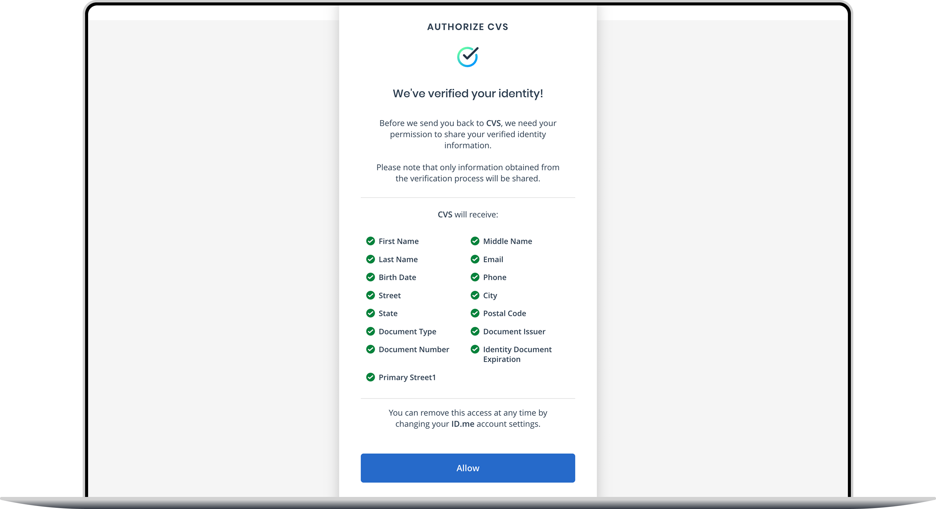 Confirmation that the customer's identity is verified, listing the details shared with CVS.