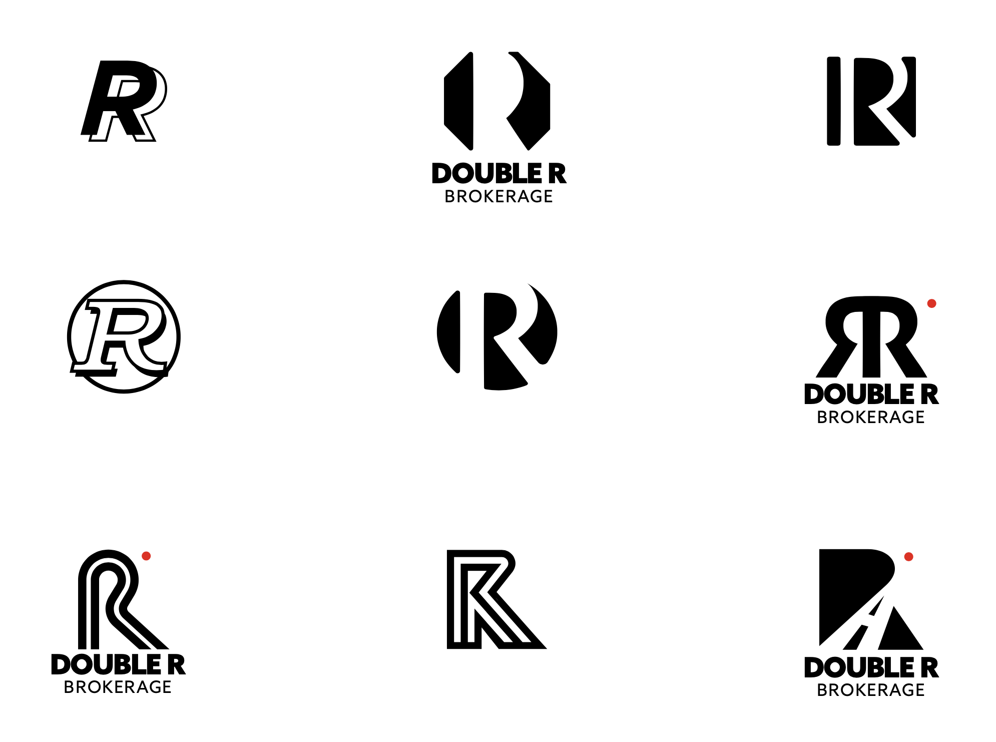 Nine black-and-white logo concepts combining two R letterforms, some with the Double R Brokerage wordmark.