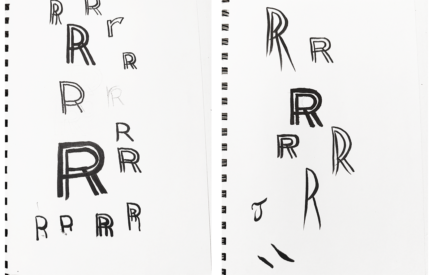 Hand-drawn pencil sketches exploring R letterforms for the Double R logo.