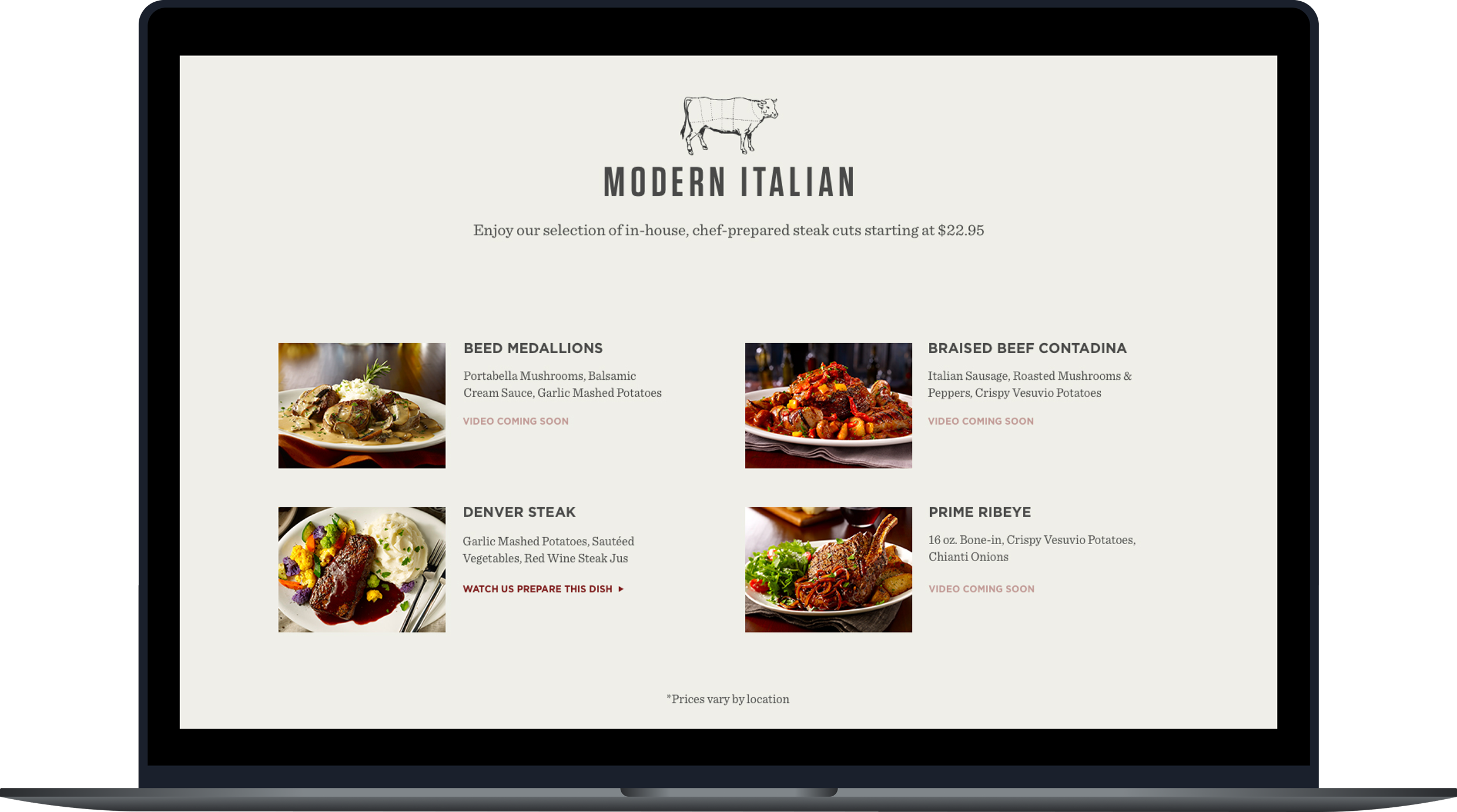 Modern Italian section showing steak dishes as cards with photos and short descriptions.