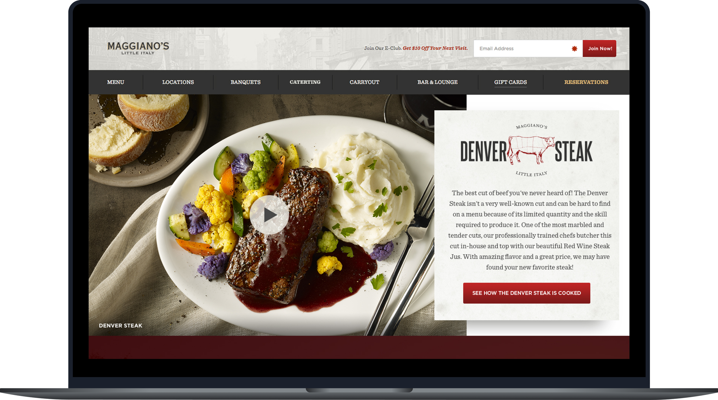 Desktop hero for Maggiano's Denver Steak promotion, with a plated steak photo and the reservation button in the hero.