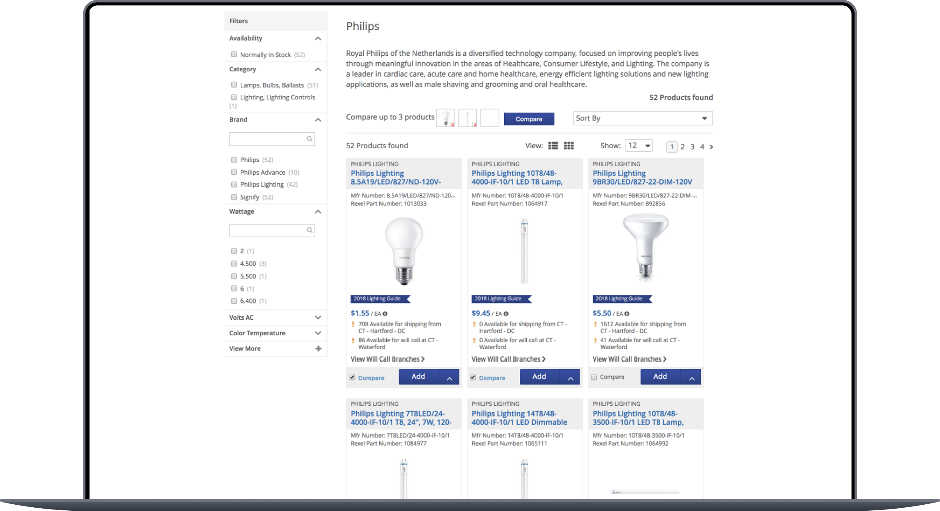Original product listing page for Philips products, with dense filters and mixed card layouts.