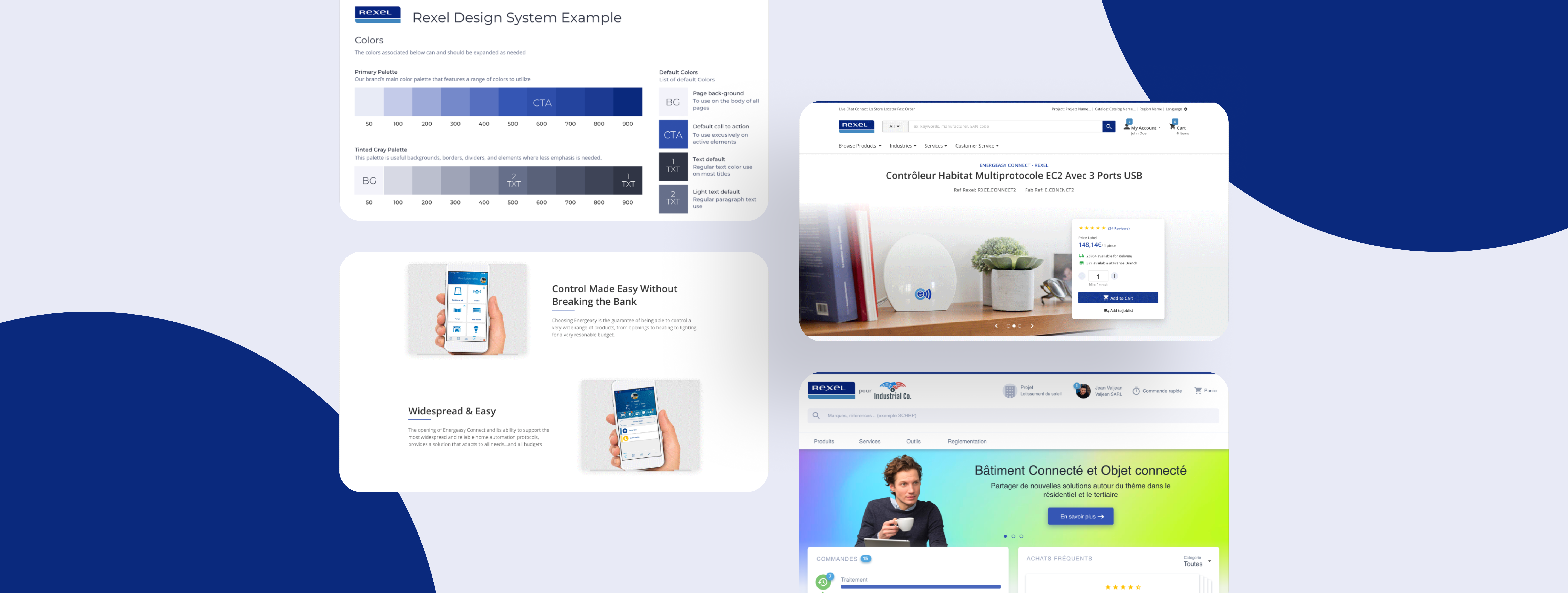 Rexel design system color palette shown alongside sample product and marketing layouts built with it.